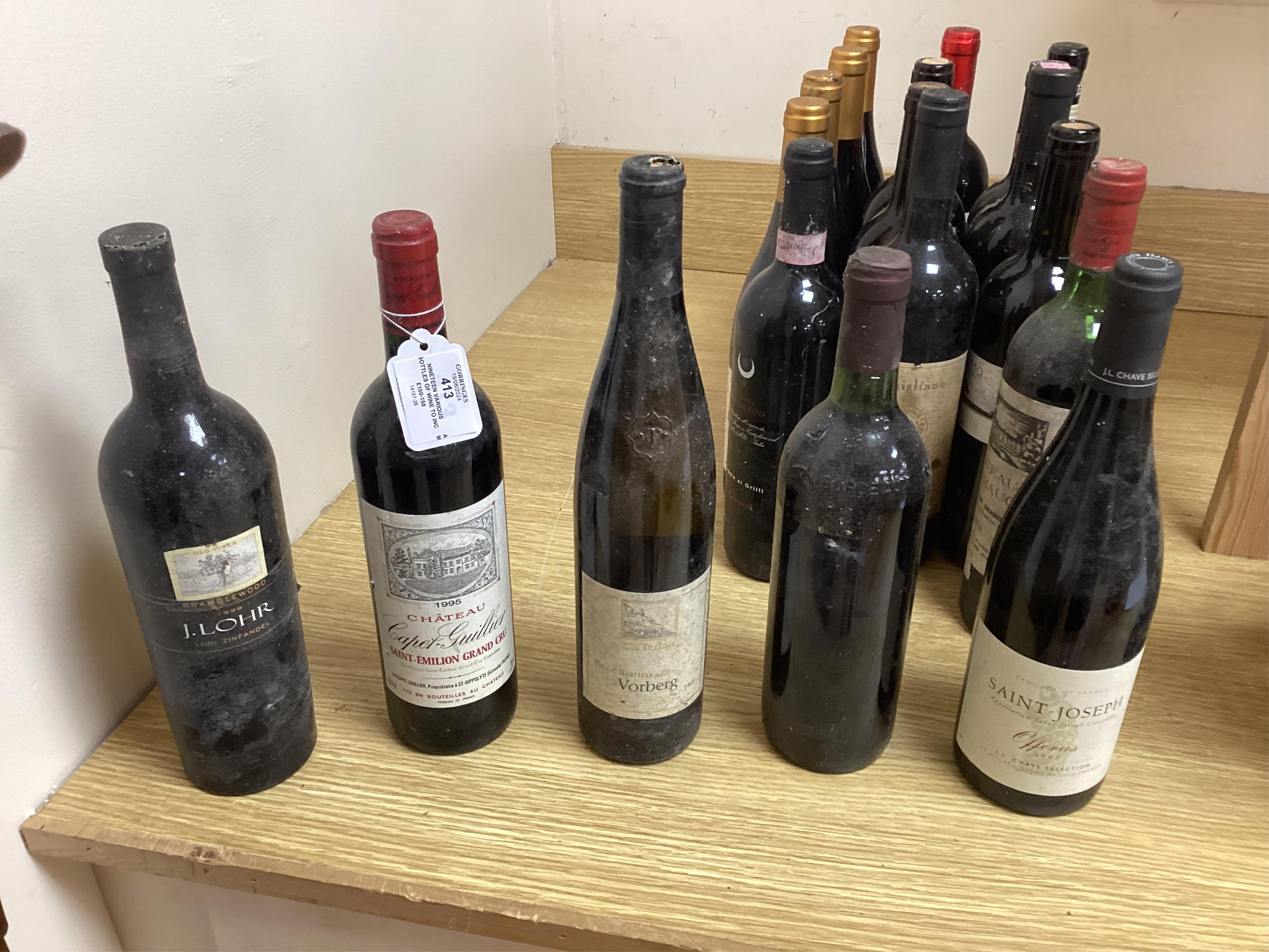 Nineteen various bottles of wine to include; 1995 Chateau Capet-Guillier Saint Emilion Grand Cru, 1978 Chateau Fombrauge Saint Emilion Grand Cru and other wines. Condition - storage unknown